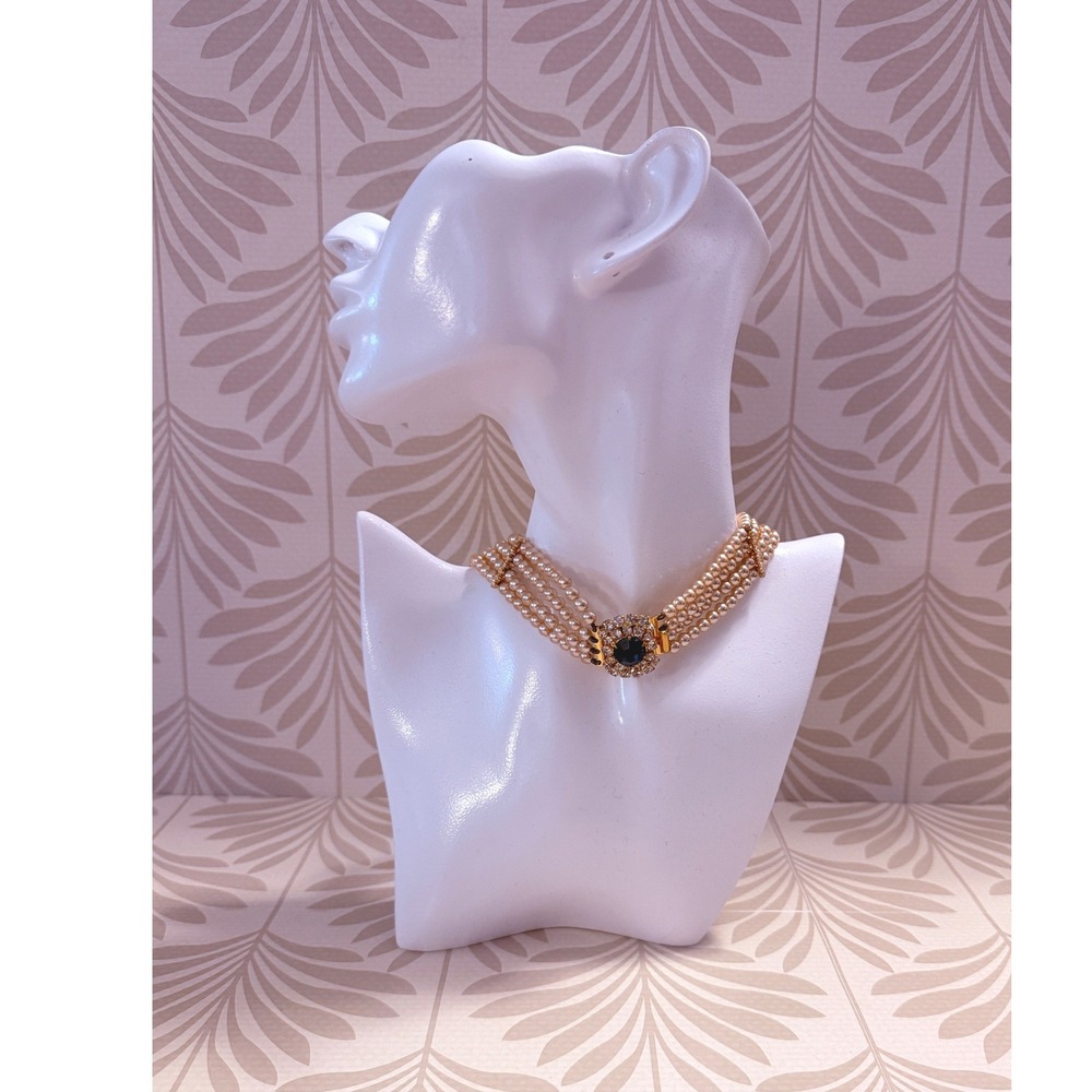 Vintage Pierre Cardin 4-Strand Faux Pearl Choker Necklace Blue Rhinestone Clasp